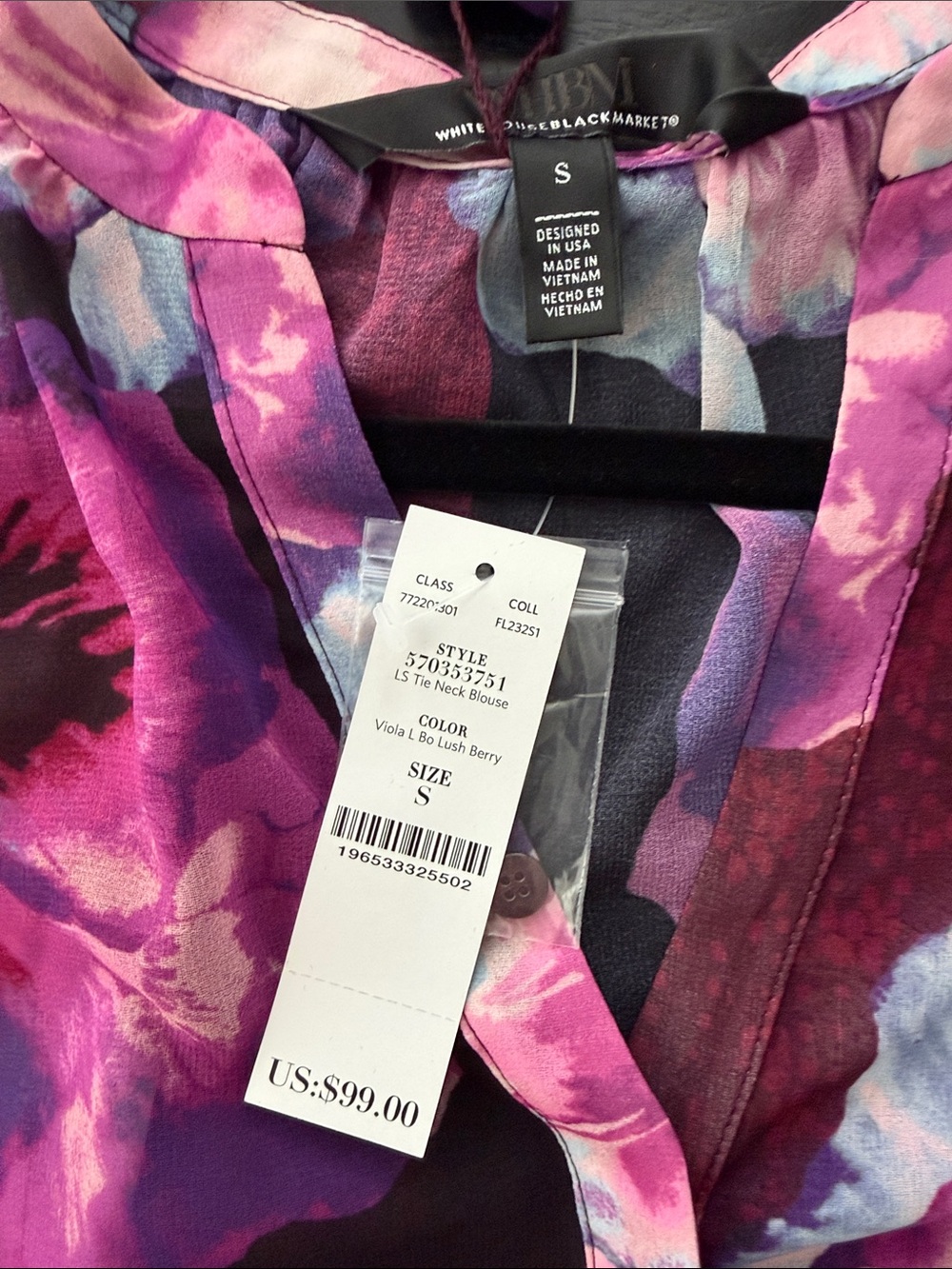 White House Black Market - Tie-Neck Floral Blouse in Pink/Purple - Picture 2 of 3